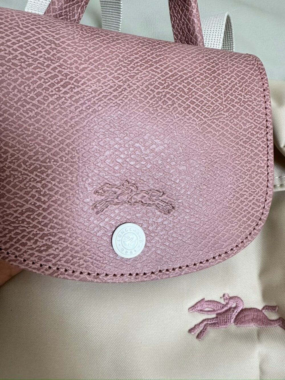✨ Longchamp Le Pliage Original Beige & Pink Leather Trim Backpack - Picture 4 of 9